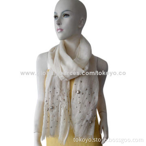 Woven scarf with dye and metal decorated jewelry on two ends, made of linen and viscose